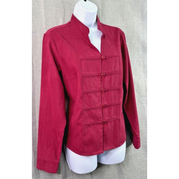 Dress Barn Women's Sueded Button Down Shirt Size M Red Asian Style Military - Picture 5 of 9